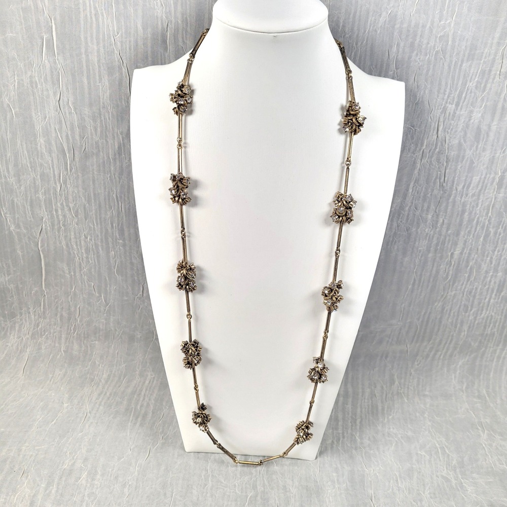 Ann Taylor Loft Gold Tone Station Necklace Clear Stone Cluster Long Bar Link